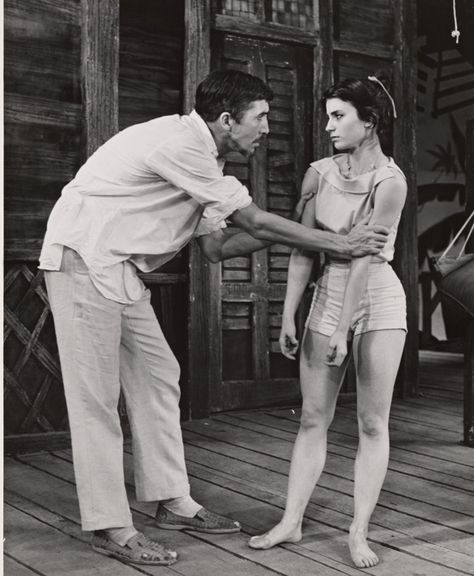 Patrick O’Neal and Lane Bradbury in “The Night of the Iguana” by Tennessee Williams, (1961) Sea Iguana, I Wanna Iguana, Iguana Sculpture, Night Of The Iguana, Tennessee Williams, West End, Tennessee, Acting, Broadway