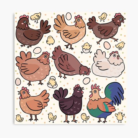 Get my art printed on awesome products. Support me at Redbubble #RBandME: https://www.redbubble.com/i/canvas-print/Chicken-pattern-cute-chickens-chicks-and-rooster-illustration-for-chickens-loves-by-Yarafantasyart/142015475.5Y5V7?asc=u Chicks Illustration, Rooster Illustration, Chicken Drawing, Chicken Illustration, Chicken Pattern, Animal Doodles, Cute Chickens, Chicken Art, Love Canvas