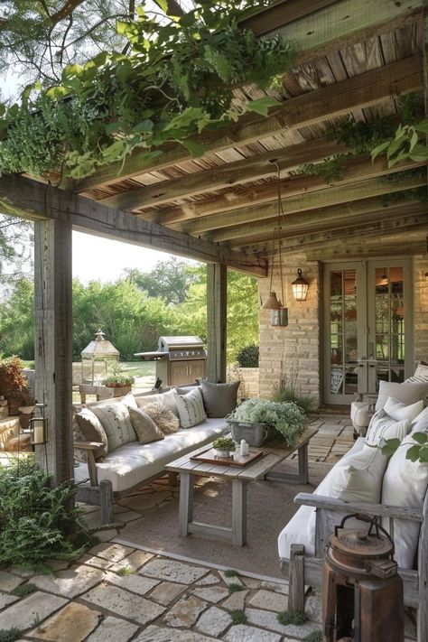 Transform your outdoor space into rustic retreats with these 57 wood patio cover ideas, featuring classic pergolas to modern timber structures. Embrace the warmth and character of wood, whether it's the timeless elegance of cedar or the rugged beauty of reclaimed wood. Discover how to enhance the aesthetic appeal of your backyard for a truly enchanting outdoor experience. #WoodPatioCoverIdeas #RusticRetreats #OutdoorDesigns Farmhouse Pergola Ideas, Rustic Outdoor Deck Ideas, Timber Patio Ideas, Outside Rooms Covered Patios, Rustic Deck Ideas, Rustic Outdoor Spaces Overstock, Outdoor Patio Wood Ceilings, Reclaimed Wood Pergola, Rustic Patio Ideas