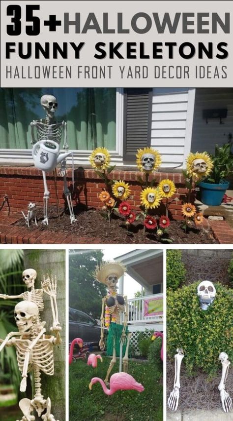 30+ Funny Skeleton Front Yard Decor Ideas: The Perfect Halloween Display with Skulls and Bones 3 Diy Skeleton Decorations Outdoor, Halloween Ideas With Skeletons, Funny Yard Skeleton Ideas, Funny Skeleton Ideas For Halloween, Funny Skeleton Lawn Decorations, Skeleton Outside Decor, Skeleton Displays For Halloween Funny, Funny Halloween Skeletons, Fall Skeleton Decor