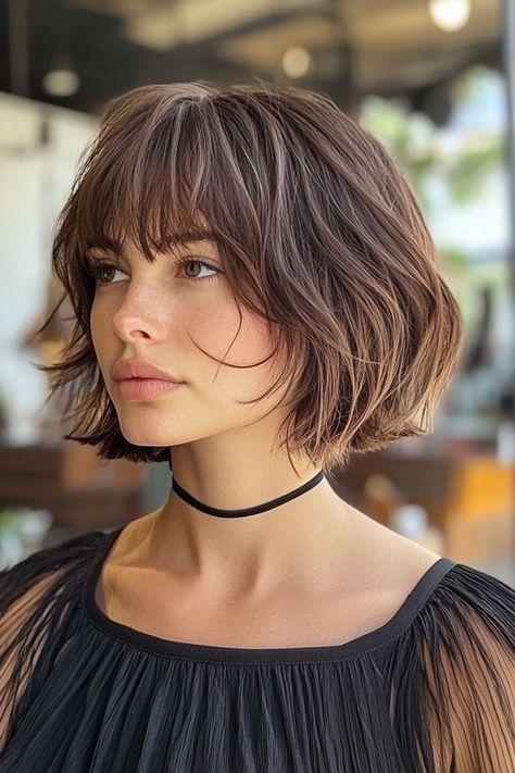 35 Effortless Chic Bob Hairstyles : Chic Rich Brunette Tousled Bob with Fringe Chin Bob With Bangs, Bob With Fringe Fine Hair, French Bob With Fringe, Chic Bob Hairstyles, Bobbed Hairstyles With Fringe, Hairstyles For Seniors, Bob With Fringe, Kinds Of Haircut, Chic Bob