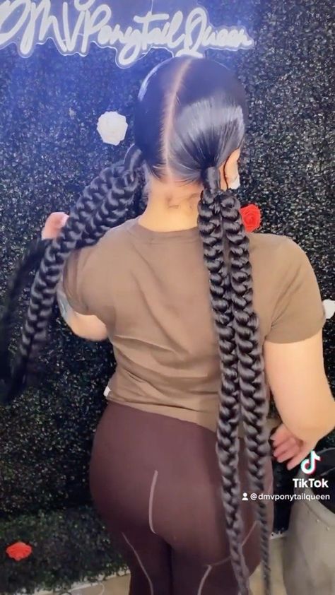 2 In 1 Braided Ponytail, Braided Ponytail 2 Braids, Two Braids One Ponytail, Hairstyles With Braiding Hair For Black Women, Triple Braid Ponytail, 2 Double Braided Ponytails, 4 Braids Into Ponytail, 4 Braided Ponytail Hairstyles, Easy Hairstyles To Do With Braiding Hair