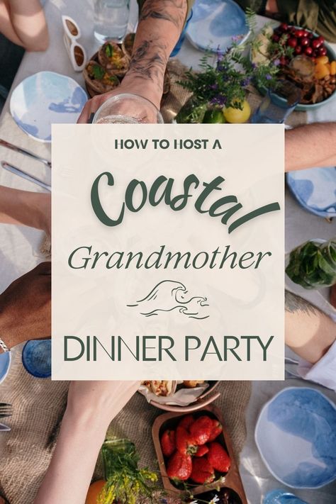 🌊 The coastal grandmother aesthetic is the vibe of the summer. Check out how you can elevate your next dinner party with this theme (beach house in Nantucket not needed)! #DinnerParty #Hosting #Hostess #CoastalGrandmother #Wine Beach Dinner Party Food, Coastal Grandmother Food, Coastal Grandma Dinner Party, Coastal Grandmother Party Decor, New England Dinner Party, Coastal Grandma Party Decor, Nantucket Theme Party, Nantucket Dinner Party, Coastal Grandmother Dinner Party