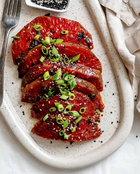 Watermelon Tuna [sashimi + steaks] - Plant-Based on a Budget Watermelon Steak Recipe, Sashimi Recipe, Vegan Tuna, Tuna Steak Recipes, Tuna Poke Bowl, Grilled Chicken Kabobs, Tuna Sashimi, Grilled Watermelon, Plant Based Recipes Dinner