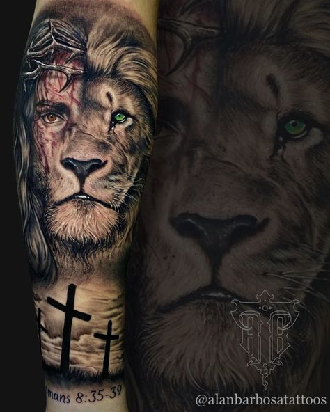 Lion Leg Tattoo, Jesus Tattoo Sleeve, Christian Lion, Lion Arm Tattoo, Lion Tattoo Meaning, Biblical Tattoos, Tattoo Lion, Christian Sleeve Tattoo, Lion Tattoo Sleeves