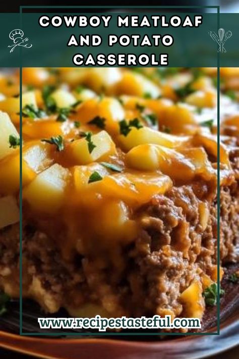 This hearty Cowboy Meatloaf and Potato Casserole combines a savory beef meatloaf topped with creamy mashed potatoes, melted cheese, and crispy fried onions. Perfect for a comforting family dinner! Cowboy Meatloaf, Meatloaf Topping, Crispy Fried Onions, Honey Barbecue Sauce, Beef Meatloaf, Honey Barbecue, Hearty Casseroles, French Fried Onions, Seasoned Bread Crumbs