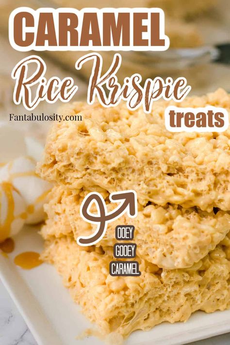 These rice krispie treats with caramel are a game changer! They have such a creamy texture, more than regular rice crispy treats. #caramel #ricekrispietreats #dessert Treats With Caramel, Caramel Rice Krispie Treats, Caramel Treats, Rice Crisps, Krispie Treats Recipe, Sweet Treats Recipes, Rice Crispy Treats, Rice Krispie Treats, Crispy Treats