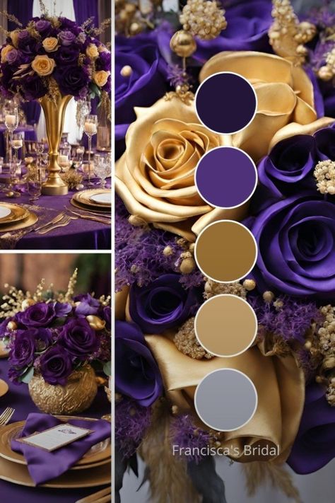 Purple Wedding Color Palette, Emerald Wedding Colors, Wedding Color Palette Ideas, Wedding Theme Color Schemes, Purple And Gold Wedding, Wedding Color Palettes, Wedding Color Pallet, Wedding Color Ideas, Gold Wedding Colors