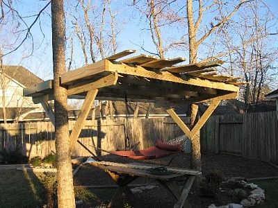 Treehouse between two trees Diy Tree House, Backyard Play Spaces, Simple Tree House, Pecan Trees, Outdoor Bathtub, Tree House Plans, Tree Fort, Pecan Tree, Tree House Diy