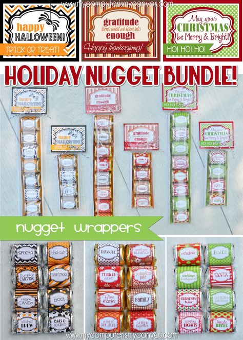 PRINTABLE Hershey Nugget Wrappers for the Holidays... Halloween, Thanksgiving and Christmas!  Perfect for parties, favors or gifts... she has tons of other sets for almost every holiday. #mycomputerismycanvas Hershey Nugget Wrappers Template, Thanksgiving Candy Bar Wrappers, Nugget Wrappers, Nugget Ideas, Hershey Nugget, Lds Printables, Christmas Neighbor, Candy Labels, Christmas Craft Fair