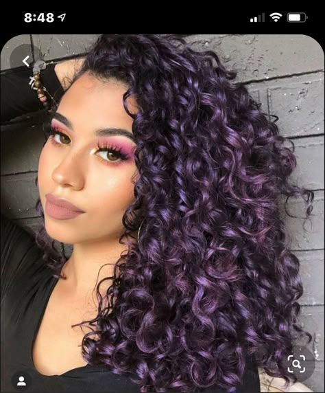 Cute Hair Dye Ideas For Curly Hair Purple, Purple Peekaboo Curly Hair, Dyed Curly Hair Ideas Colour Purple, Curly Hair Dyed Tips, Curly Hair Color Ideas Purple, Dark Purple Hair Curly, Lavender Curly Hair, Dyed Curly Hair Ideas Colour, Curly Dyed Hair Natural Curls