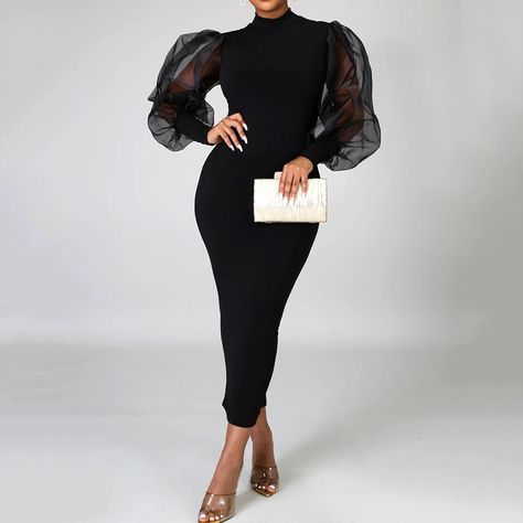 Dress Suits For Women Classy, Long Midi Bodycon Dress, Suits For Women Classy, Dress Suits For Women, Long Sleeve Bodycon Midi Dress, Midi Evening Dress, Long Sleeve Mesh Dress, Puff Dress, Midi Dress Style