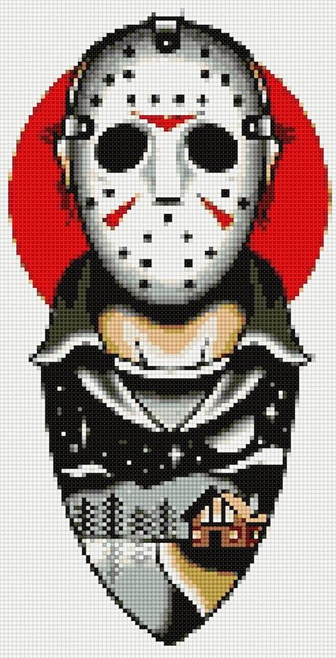 Jason Voorhees Crest Print Cross Stitch & Plastic Canvas Pattern Jason Voorhees Cross Stitch, Jason Cross Stitch, Jason Voorhees Perler Beads, Night In The Woods Pixel Art, Horror Cross Stitch Patterns Free, Hannibal Pixel Art, Cross Stitch Horror, Horror Cross Stitch Pattern, Perler Beads Horror