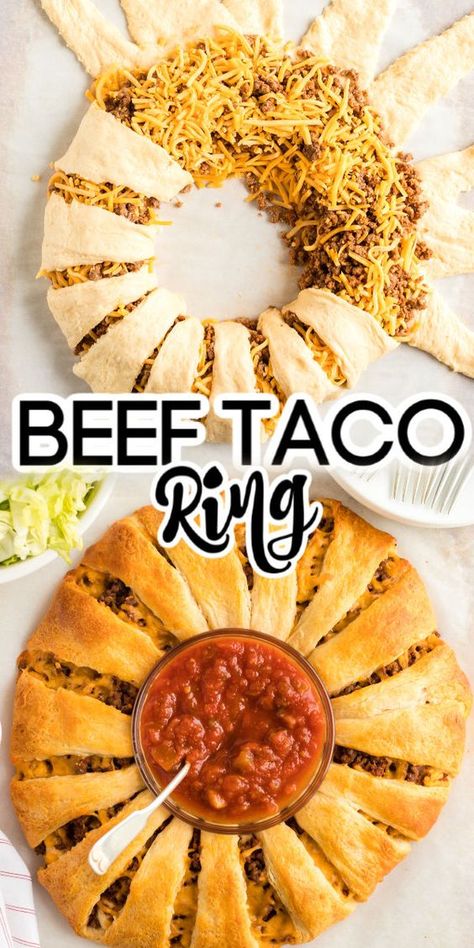 Crescent Roll Taco Ring, Taco Ring Recipe, Easy Crescent Roll Recipes, Taco Appetizers, Crescent Roll Recipes Dinner, Taco Ring, Pillsbury Crescent Rolls, Super Easy Appetizers, Pillsbury Crescent