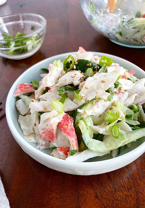 Korean Cucumber and Crab Stick Salad ⋆ Seasoned by Jin Fried Pancakes, Vegetable Pancake, Korean Salad, Korean Cucumber, Crispy Recipes, Crab Salad Recipe, Cucumber Salad Recipe, Asian Recipe, Crab Stick