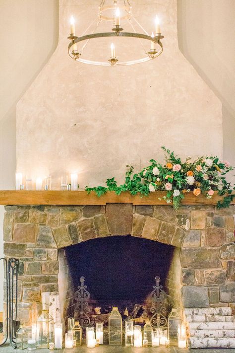 Apricot Wedding Flowers, Gold Lanterns Wedding, Flowers On Fireplace, Wedding Fireplace Decor, Wedding Mantle Decor, Wedding Fireplace Decorations, Stone Mantle Decor, Mantel Flowers, Wedding Mantle