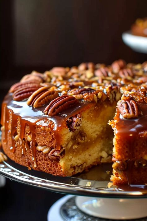 Moist and flavorful Georgia Pecan Cake, perfect for any occasion Pecan Pie Birthday Cake, Georgia Pecan Cake, Pecan Desert Ideas, Georgia Desserts, Georgia Cake, August Cake, Birthday Cake Decorations, Baked Cake, Birthday Cake Decorating Ideas