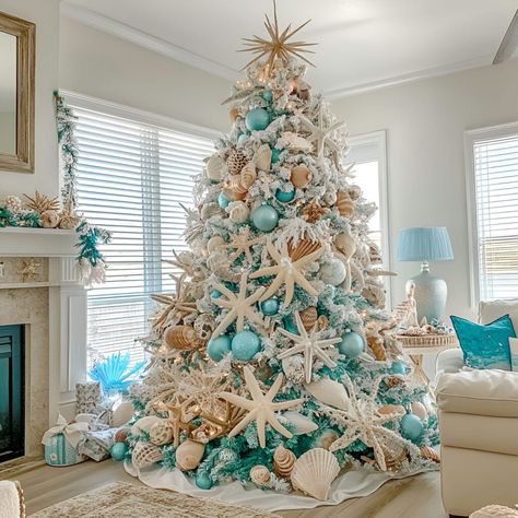 Add a seaside charm to your Christmas décor with a tree adorned with marine-themed elements like starfish and shells. Coastal Tree Skirt, Beach House Christmas Decor, Coastal Christmas Decorations, Hawaiian Christmas Tree, Seashell Christmas Tree, Beachy Christmas Tree, Beach Christmas Trees, Seashell Christmas, Coastal Christmas Tree