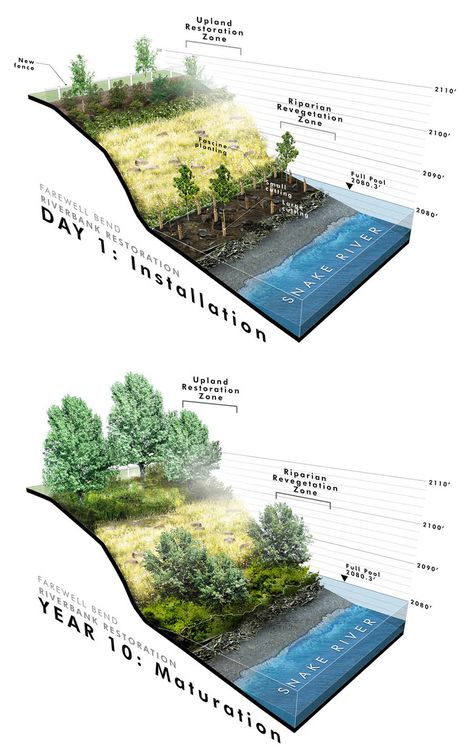 Useful way to communicate topographic data. Landscape Architecture Presentation, Landscape Diagram, Landscape Architecture Diagram, Landscape Architecture Graphics, Park River, Architecture Graphics, Landscape Architecture Design, River Bank, Landscape Plans