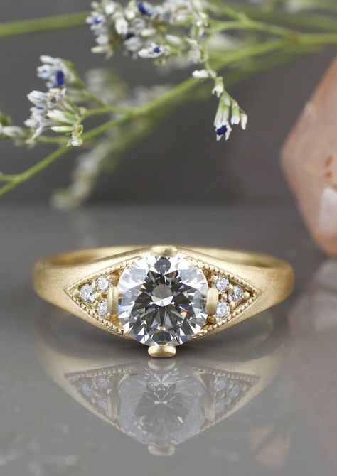 Heirloom Style Round Cut Diamond Ring With Milgrain, Heirloom Milgrain Round Cut Diamond Ring, Milgrain Bezel Engagement Ring, Luxury Milgrain Round Cut Ring, Side Stone Milgrain Ring Diamond, Ethical Engagement Ring, Yellow Gold Engagement, Diamond Alternatives, Yellow Gold Engagement Rings