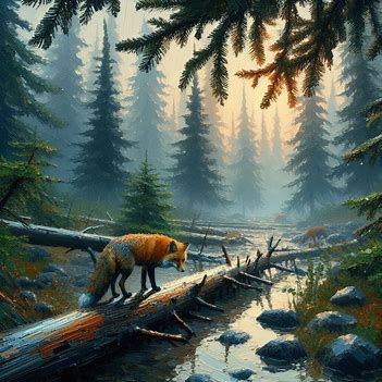 Style: Monet, Audubon, modern abstract thick metallic acrylic painting. Conifer woods in Washington state at dawn on a foggy day in the pacific northwest. Foreground: a wet cedar branch. Background: a fox is trying to keep dry under a cedar tree. . - Image Creator from Microsoft Designer Forest Floor Painting, Metallic Acrylic Painting, Cedar Branch, Microsoft Copilot, Floor Painting, Indian Skull, Foggy Day, Cedar Tree, Cedar Trees