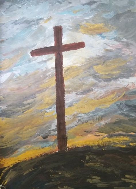 Christian Oil Pastel Art, Easter Cross Painting, Cross Art Painting, Christian Canvas Paintings, Cross Painting, Christian Painting, Christian Drawings, Faith Based Art, Rugged Cross