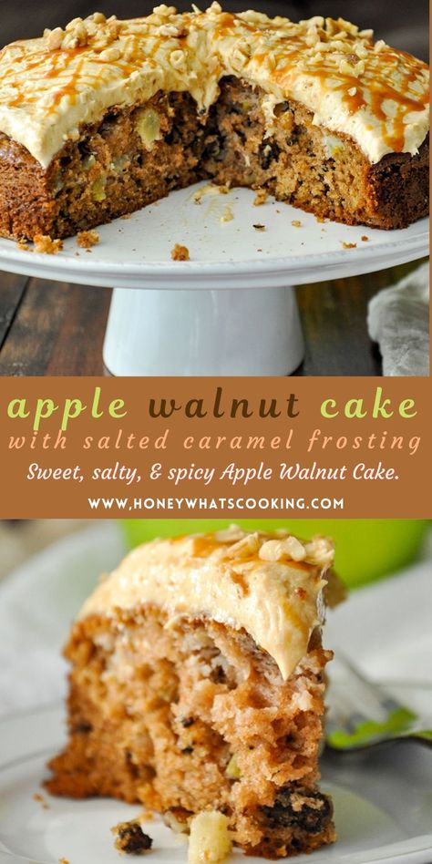 Apple Walnut Cake with Salted Caramel Frosting – Honey, Whats Cooking Apple And Walnut Cake, Banana Apple Cake, Apple Walnut Cake Recipe, Apple Walnut Cake, Caramel Apple Cake Recipe, Christmas Catering, Pesach Seder, Salted Caramel Frosting, Baked Food