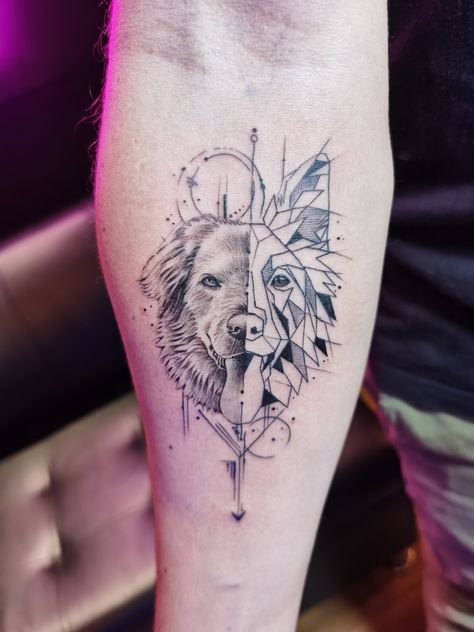 Dog Tattoo Geometric, Dog And Nature Tattoo, Geometric Dog Tattoo Design, Wolf Dog Tattoo, Abstract Dog Tattoo, Dog Tattoo For Men, Dog Tattoo Portrait, Gsd Tattoo, Geometric Tattoo Wrist