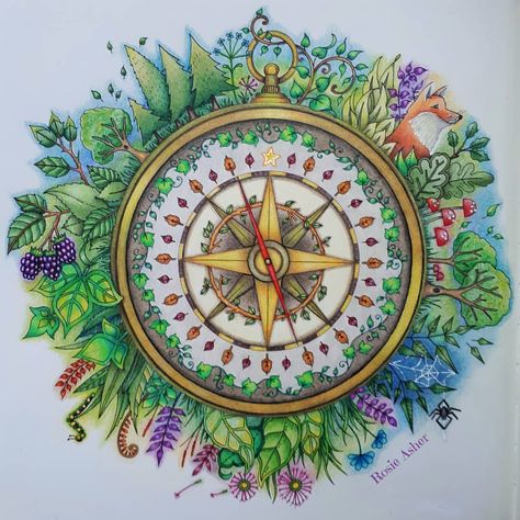 Compass from Enchanted Forest by Johanna Basford, coloured with Prismacolor pencils, fineliners and white Posca pen 🌳🌺 #adultcolouring… | Instagram Enchanted Forest Coloring Book Johanna Basford, Forest Coloring Pages, Forest Coloring, Basford Enchanted Forest, Enchanted Forest Coloring Book, Joanna Basford Coloring, Johanna Basford Enchanted Forest, Enchanted Forest Coloring, Circle Painting