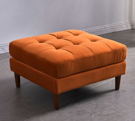 Orange Ottoman, Burnt Orange Decor, Orange Sofa, Open Plan Living Room, Velvet Ottoman, Orange Decor, 20 Weeks, Orange House, Ottoman In Living Room