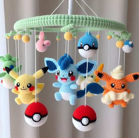 Nursery Ideas Pokemon, Pokémon Baby Room, Pokemon Nursery Theme, Nintendo Nursery, Pokémon Nursery, Pokemon Nursery, Pokemon Amigurumi, Crochet Baby Mobiles, Nerdy Baby