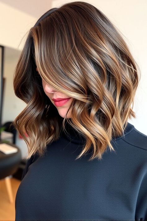 50 Wavy Lob Haircuts for Effortless Glamour : Rich Brunette Wavy Lob with Side Part Side Part Lob Mid Length, Side Part Wavy Bob, Lob With Side Part, Naturally Wavy Lob, Warm Caramel Highlights, Wavy Lob Haircut, Lob Cut, Lob With Bangs, Lob Haircuts