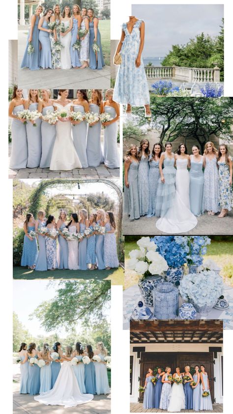 Blue Shades Bridesmaids, Blue Bridesmaid Dresses Mismatched With Groomsmen, Blue Theme Bridesmaid Dresses, Shades Of Blue For Wedding, Shades Of Blue Bridal Party, Baby Blue Bridal Party, Blue Mixed Bridesmaid Dresses, Different Blue Bridesmaid Dresses, Blue Mix And Match Bridesmaid Dresses