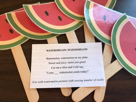 Use this fun rhyme for counting practice - introducing the parts of the watermelon and for a picnic story time. Daycare Picnic Ideas, Summer Circle Time Activities, Summer Circle Time For Preschool, Picnic For Preschoolers, Picnic Circle Time Activities, Watermelon Preschool, Watermelon Preschool Craft, Fruit Lesson Plans Preschool, Preschool Picnic Activities