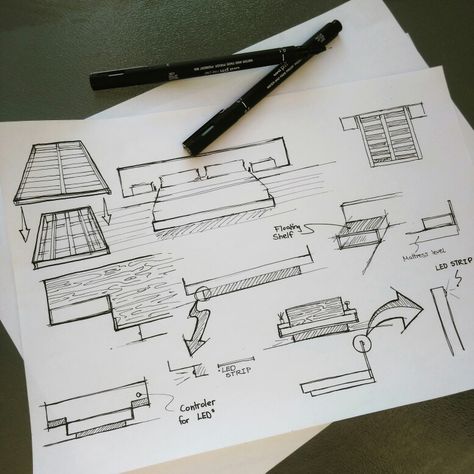 Some quick #sketches for a floating bed concept ✏💭 I think the best part about a floating bed is the LED lights underneath to really give the bed that lightweight and floating look. I'd like to include a colour changing controller next to the bed too. I think floating shelves either side of the bed connected to the headboard would be really cool. Keeping the top of the shelf just above the level of the mattress would work best in my opinion. Join Moji on Instagram, Facebook and Pinterest Bed Sketch, Old House Design, Home Interior Accessories, Floating Bed Frame, Perspective Sketch, Side Bed, Art Final, Quick Sketches, Smart Bed