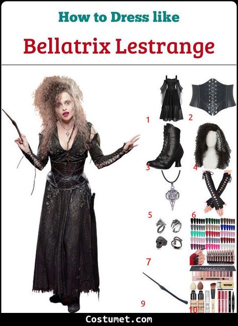 Bellatrix Lestrange (Harry Potter) Costume for Cosplay & Halloween 2022 Harry Potter Costume Bellatrix Lestrange, Harry Potter Villians Costume, Bellatricks Lestrange Costume, Voldemort And Bellatrix Costume, Belatrix Lastrenge Costume Diy, Diy Bellatrix Lestrange Costume, Beatrix Lestrange Costume, Belatrix Lastrenge Make Up, Tonks Harry Potter Costumes