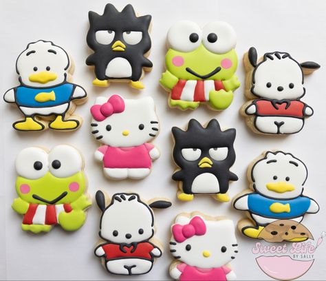 Pochacco Cookies, Sanrio Cookies Decorated, Hello Kitty And Friends Cookies, Sanrio Sugar Cookies, Hello Kitty And Friends Birthday Party Ideas, Keroppi Cookies, Hello Kitty Cookies Decorated, Hello Kitty And Friends Birthday Party, Sanrio Cupcakes