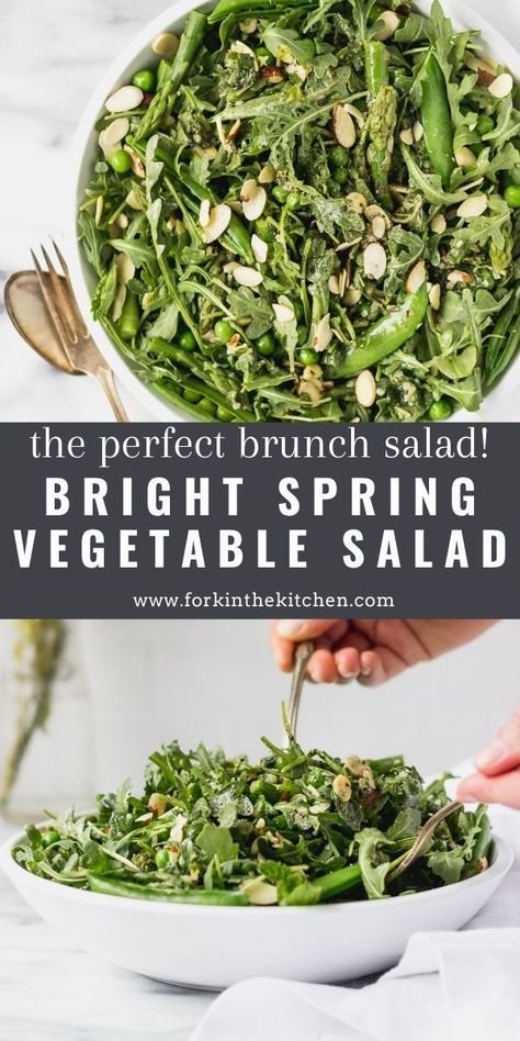 A bright, easy, healthy, and texture-filled salad to go along quiche and croissants at brunch! Full of bright lemon and mint, paired with asparagus, peas, and arugula, you'll love it! Pea And Asparagus Salad, Asparagus Arugula Salad, Spring Salad With Asparagus, Spring Asparagus Salad, Asparagus Salad Recipes Cold, Asparagus Salad Recipes, Spring Vegetable Salad, Salad With Asparagus, Asparagus Pasta Salad