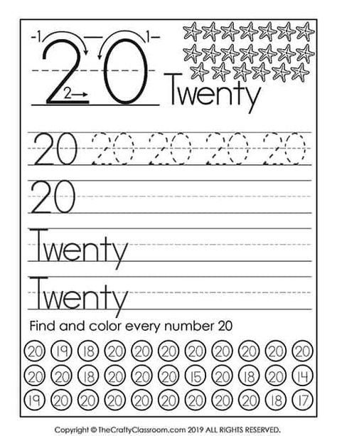 Number 20 Worksheets For Preschool, Number Worksheets For Preschool 1-20, Number 20 Worksheet, Pre K Math Worksheets, Preschool Worksheets Free Printables, Preschool Number Worksheets, Preschool Mom, Number Formation, Preschool Workbooks