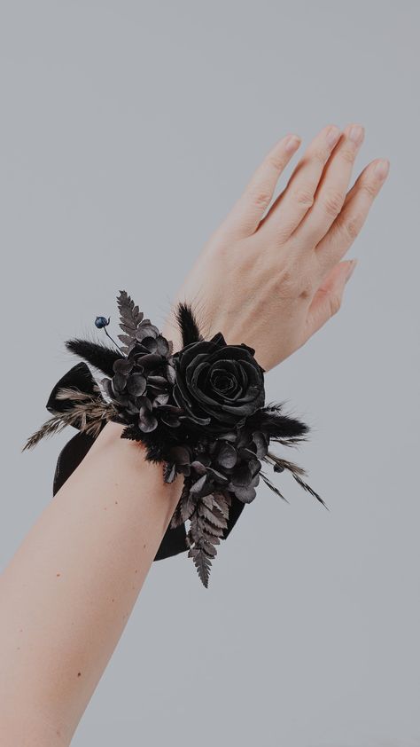 Goth Corsage, Gothic Corsage, Halloween Prom, Bracelet Corsage, Vampire Wedding, Flower Wrist Corsage, Dried Flowers Wedding, Wedding Halloween, Corsage Prom