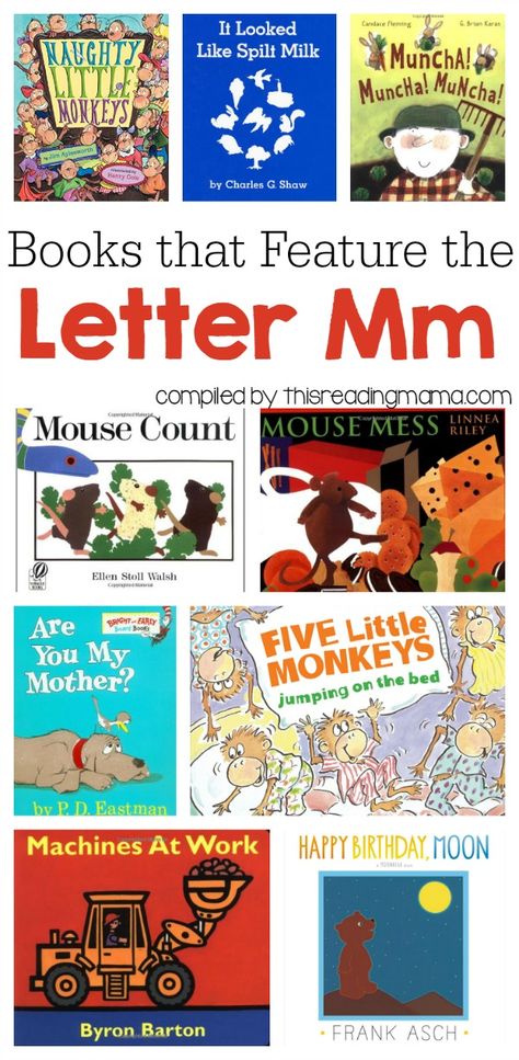 Letter M Book List - Books that Feature the Letter M - This Reading Mama Preschool Letter M, Book List Printable, Letter M Activities, Letter E Activities, The Letter M, Preschool Reading, Abc Printables, Letter Of The Week, Preschool Letters