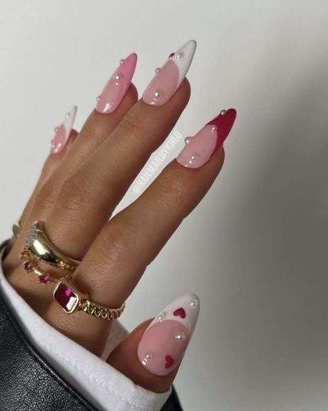 Pink Nails Basic Design, Valentines Nail Set Almond, 26th Birthday Nails, St Valentin Nails, Pink Tip Nails Almond, Valentin Nails Designs Love, 21st Nails Ideas, Cute Valentines Nails Pink, Nails San Valentin