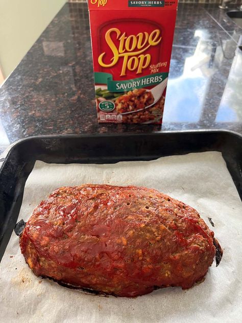 This delicious Stove Top Stuffing Meatloaf is about to be a new family favorite! The recipe uses stuffing mix instead of breadcrumbs for a boost of home-cooked flavor. Meatloaf Stuffed With Stove Top Stuffing, Meatloaf With Boxed Stuffing, Cornbread Stuffing Meatloaf, Easy Meatloaf With Stove Top Stuffing, Stove Top Meatloaf Recipes Easy, Stovetop Meatloaf Recipes, Meatloaf Made With Stove Top Stuffing, Meatloaf Stuffing Recipe, Stuffing Meatloaf Stove Top