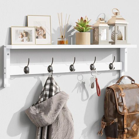 Amazon.com: AMBIRD Coat Rack Wall Mount with Shelf, 28.9 Inches Coat Hooks Wall Mounted with 5 Hooks, Hat Wall Hooks for Hanging in Entryway, Living Room, Bathroom, Bedroom (White, 28.9 * 4.5 inches) : Home & Kitchen Wood Coat Rack Wall, Coat Rack Wall Mount, Wood Coat Rack, Coat Hooks Wall Mounted, Hat Wall, Mantle Shelf, Bedroom White, Business Decor, Coat Rack Wall