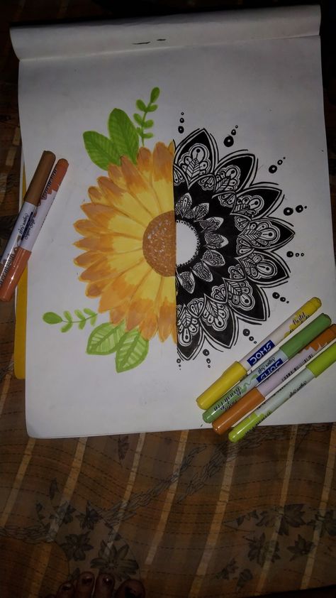 Difficult: medium Tools : Doms Pastel Brush Pens ,Black liner pen ,Protractor.. Pastel Brush Pen Art, Half Mandala Art, Brush Pens Art, Half Sunflower, Half Mandala, Brush Pen Art, Black Liner, Brush Pens, Pen Art