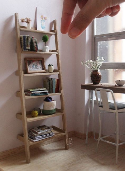 Miniature Cafe, Miniature Bookshelf, Mini Bookshelf, Mini Shelf, House Shelves, Flower Acrylic, Diy Dollhouse Furniture Easy, Modern Dollhouse, Bookshelves Diy