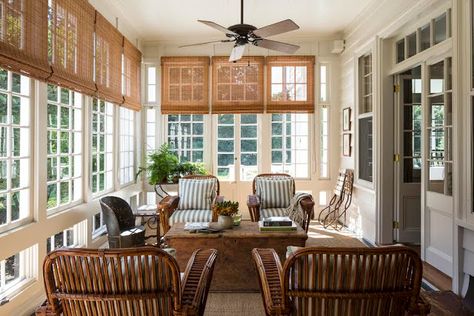 High Street Market: Current Inspiration: Mark Cunningham Sunroom Designs, New Canaan, Chic Spaces, Sunrooms, House With Porch, Rattan Furniture, House Tours, Window Treatments, Family Room