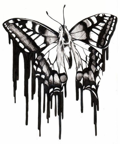 Zombie Butterfly Tattoo, Butterfly Melting Tattoo, Butterfly Tattoo Reference, Melting Moth Tattoo, Melting Butterfly Drawing, Dark Surrealism Tattoo Design, Dark Butterfly Drawing, Weird Butterfly Tattoo, Drippy Butterfly Tattoo