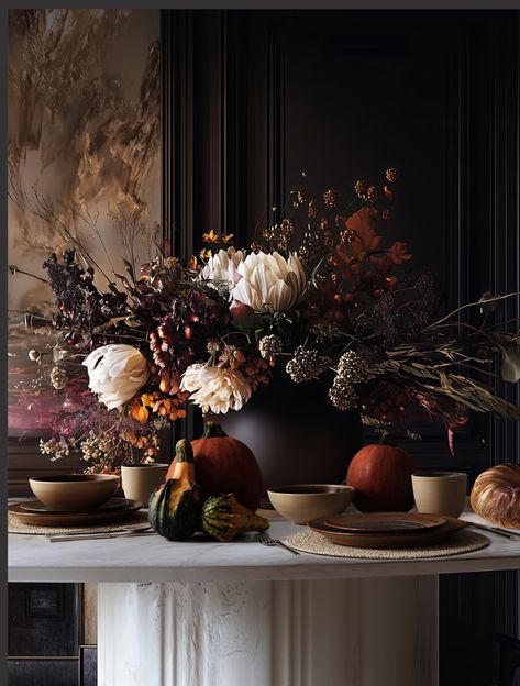 Modern Fall Centerpieces For Table, Fall Floral Arrangements Centerpiece, Masculine Floral Arrangements, Thanksgiving Buffet Setup, Thanksgiving Buffet Setup Ideas, Friendsgiving Decor, Thanksgiving Floral Arrangements, Friendsgiving Decorations, Table Floral Arrangements