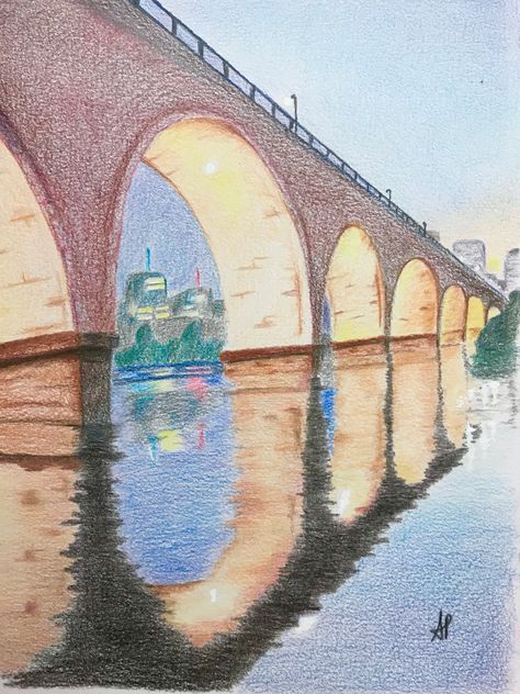 Bridge Landscape Drawing, Drawing Color Pencil Ideas, Bridge Perspective Drawing, Drawing Ideas Colorful Pencil, Aesthetic Colour Pencil Art, Things To Draw Landscape, Color Pencil Landscape Drawing, Sketch Colour Art, Colour Marker Drawing